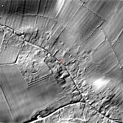 Shaded relief map of the ground around SP63LN, computed from Environment Agency LiDAR. The ground here sits at about 64 m above sea level and falls 19 m across the surrounding 800 m. Surface water reaching this point runs off ground lying to the west, 7.4 m higher.