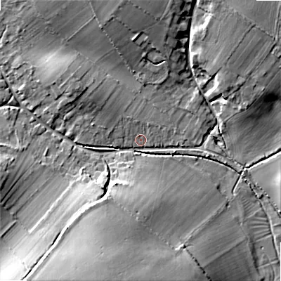 Shaded relief map of the ground around SP63LQ, computed from Environment Agency LiDAR. The ground here sits at about 60 m above sea level and falls 20 m across the surrounding 800 m. Surface water reaching this point runs off ground lying to the south-south-west, 17.7 m higher.