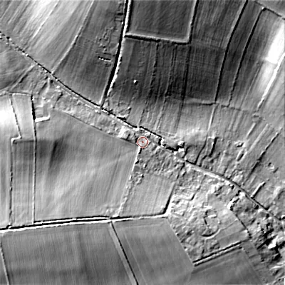 Shaded relief map of the ground around SP63LR, computed from Environment Agency LiDAR. The ground here sits at about 68 m above sea level and falls 21 m across the surrounding 800 m. Surface water reaching this point runs off ground lying to the north-north-west, 16.5 m higher.