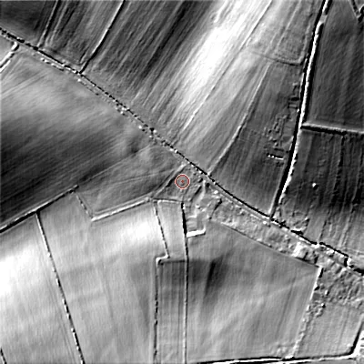 Shaded relief map of the ground around SP63LS, computed from Environment Agency LiDAR. The ground here sits at about 70 m above sea level and falls 23 m across the surrounding 800 m. Surface water reaching this point runs off ground lying to the west, 2.3 m higher.