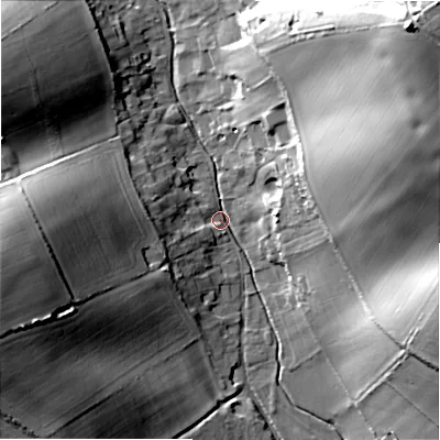 Shaded relief map of the ground around SP63NA, computed from Environment Agency LiDAR. The ground here sits at about 44 m above sea level and falls 52 m across the surrounding 800 m. Surface water reaching this point runs off ground lying to the north-east, 51.0 m higher.