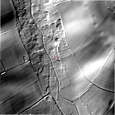 Shaded relief map of the ground around SP63NE, computed from Environment Agency LiDAR. The ground here sits at about 46 m above sea level and falls 52 m across the surrounding 800 m. Surface water reaching this point runs off ground lying to the north-east, 44.6 m higher.
