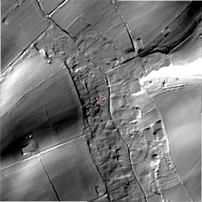 Shaded relief map of the ground around SP63NH, computed from Environment Agency LiDAR. The ground here sits at about 45 m above sea level and falls 44 m across the surrounding 800 m. Surface water reaching this point runs off ground lying to the west, 25.9 m higher.