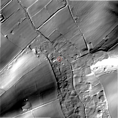 Shaded relief map of the ground around SP63NL, computed from Environment Agency LiDAR. The ground here sits at about 46 m above sea level and falls 52 m across the surrounding 800 m. Surface water reaching this point runs off ground lying to the west-south-west, 27.1 m higher.