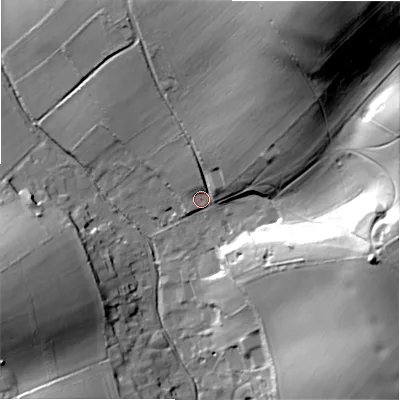 Shaded relief map of the ground around SP63NN, computed from Environment Agency LiDAR. The ground here sits at about 52 m above sea level and falls 57 m across the surrounding 800 m. Surface water reaching this point runs off ground lying to the north-north-east, 48.0 m higher.