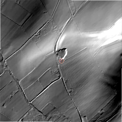 Shaded relief map of the ground around SP63NR, computed from Environment Agency LiDAR. The ground here sits at about 67 m above sea level and falls 60 m across the surrounding 800 m. Surface water reaching this point runs off ground lying to the east, 31.9 m higher.