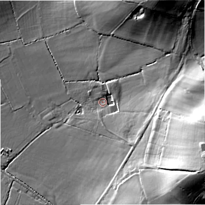 Shaded relief map of the ground around SP70AS, computed from Environment Agency LiDAR. The ground here sits at about 64 m above sea level and falls 36 m across the surrounding 800 m. Surface water reaching this point runs off ground lying to the east-south-east, 12.1 m higher.