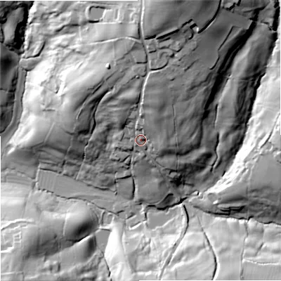 Shaded relief map of the ground around SP70BL, computed from Environment Agency LiDAR. The ground here sits at about 120 m above sea level and falls 64 m across the surrounding 800 m. Surface water reaching this point runs off ground lying to the north-north-east, 41.0 m higher.