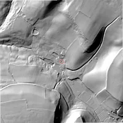 Shaded relief map of the ground around SP70DB, computed from Environment Agency LiDAR. The ground here sits at about 112 m above sea level and falls 64 m across the surrounding 800 m. Surface water reaching this point runs off ground lying to the north-east, 42.2 m higher.