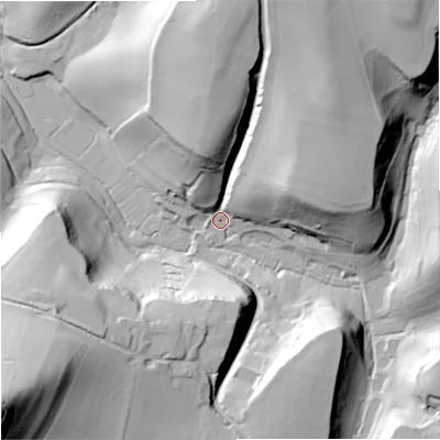 Shaded relief map of the ground around SP70DE, computed from Environment Agency LiDAR. The ground here sits at about 114 m above sea level and falls 82 m across the surrounding 800 m. Surface water reaching this point runs off ground lying to the north-north-east, 44.3 m higher.