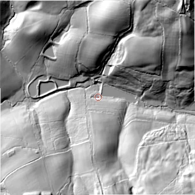 Shaded relief map of the ground around SP70EH, computed from Environment Agency LiDAR. The ground here sits at about 88 m above sea level and falls 60 m across the surrounding 800 m. Surface water reaching this point runs off ground lying to the south-south-east, 37.3 m higher.