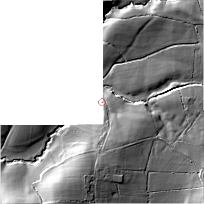 Shaded relief map of the ground around SP70JG, computed from Environment Agency LiDAR. The ground here sits at about 78 m above sea level and falls 24 m across the surrounding 800 m. Surface water reaching this point runs off ground lying to the south-south-east, 9.3 m higher.