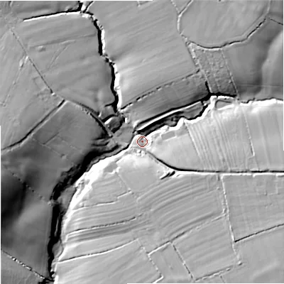 Shaded relief map of the ground around SP70JP, computed from Environment Agency LiDAR. The ground here sits at about 67 m above sea level and falls 27 m across the surrounding 800 m. Surface water reaching this point runs off ground lying to the north-east, 23.6 m higher.
