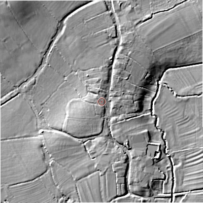 Shaded relief map of the ground around SP70LJ, computed from Environment Agency LiDAR. The ground here sits at about 52 m above sea level and falls 12 m across the surrounding 800 m. Surface water reaching this point runs off ground lying to the north-north-east, 3.6 m higher.