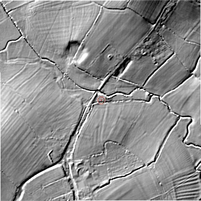 Shaded relief map of the ground around SP70LL, computed from Environment Agency LiDAR. The ground here sits at about 50 m above sea level and falls 15 m across the surrounding 800 m. Surface water reaching this point runs off ground lying to the south-south-west, 2.7 m higher.