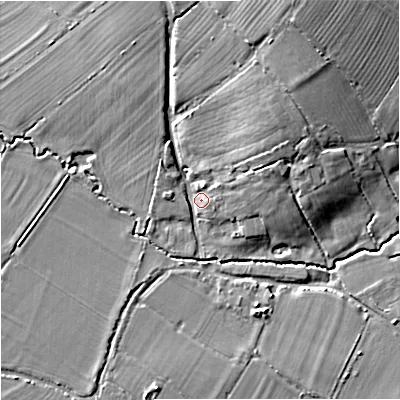 Shaded relief map of the ground around SP70LQ, computed from Environment Agency LiDAR. The ground here sits at about 53 m above sea level and falls 14 m across the surrounding 800 m. Surface water reaching this point runs off ground lying to the north-north-east, 10.8 m higher.