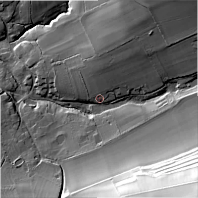 Shaded relief map of the ground around SP70NU, computed from Environment Agency LiDAR. The ground here sits at about 86 m above sea level and falls 88 m across the surrounding 800 m. Surface water reaching this point runs off ground lying to the north, 10.0 m higher.