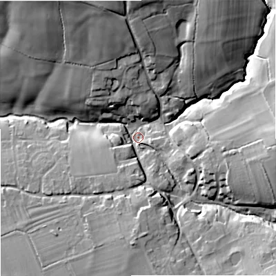 Shaded relief map of the ground around SP70NY, computed from Environment Agency LiDAR. The ground here sits at about 74 m above sea level and falls 26 m across the surrounding 800 m. Surface water reaching this point runs off ground lying to the north-north-west, 22.7 m higher.
