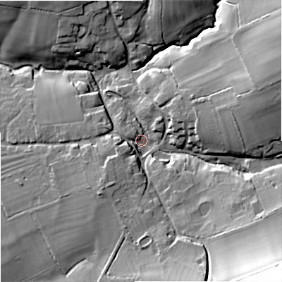 Shaded relief map of the ground around SP70PA, computed from Environment Agency LiDAR. The ground here sits at about 77 m above sea level and falls 49 m across the surrounding 800 m. Surface water reaching this point runs off ground lying to the south-east, 43.2 m higher.