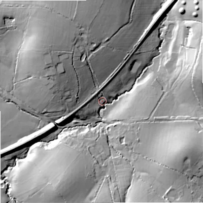 Shaded relief map of the ground around SP79AP, computed from Environment Agency LiDAR. The ground here sits at about 118 m above sea level and falls 22 m across the surrounding 800 m. Surface water reaching this point runs off ground lying to the east-south-east, 20.2 m higher.