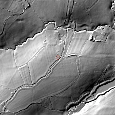 Shaded relief map of the ground around SP79BP, computed from Environment Agency LiDAR. The ground here sits at about 119 m above sea level and falls 17 m across the surrounding 800 m. Surface water reaching this point runs off ground lying to the south-west, 3.1 m higher.