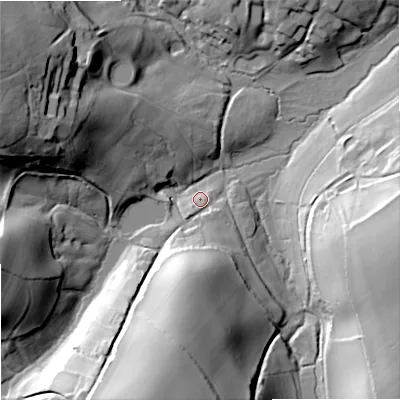 Shaded relief map of the ground around SP79DS, computed from Environment Agency LiDAR. The ground here sits at about 117 m above sea level and falls 49 m across the surrounding 800 m. Surface water reaching this point runs off ground lying to the south, 29.8 m higher.
