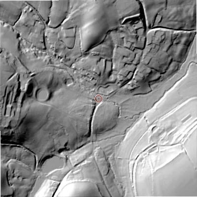 Shaded relief map of the ground around SP79DW, computed from Environment Agency LiDAR. The ground here sits at about 115 m above sea level and falls 44 m across the surrounding 800 m. Surface water reaching this point runs off ground lying to the west, 39.6 m higher.