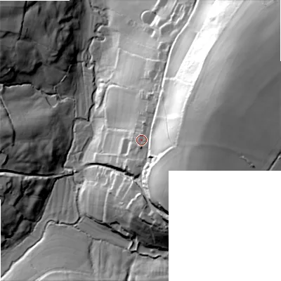 Shaded relief map of the ground around SP79DY, computed from Environment Agency LiDAR. The ground here sits at about 130 m above sea level and falls 60 m across the surrounding 800 m. Surface water reaching this point runs off ground lying to the east-north-east, 38.4 m higher.