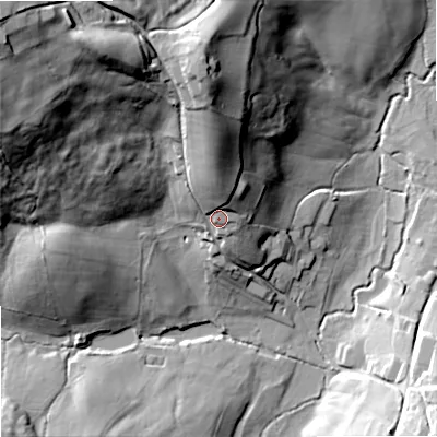 Shaded relief map of the ground around SP79EB, computed from Environment Agency LiDAR. The ground here sits at about 125 m above sea level and falls 61 m across the surrounding 800 m. Surface water reaching this point runs off ground lying to the north, 18.7 m higher.