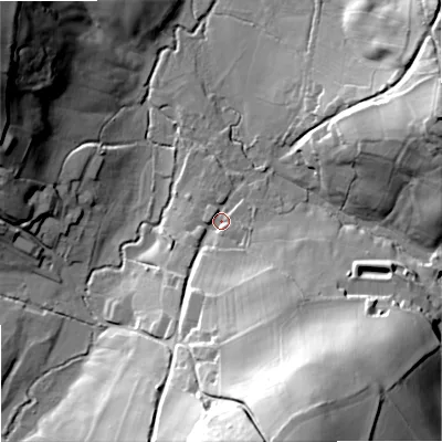 Shaded relief map of the ground around SP79EE, computed from Environment Agency LiDAR. The ground here sits at about 108 m above sea level and falls 57 m across the surrounding 800 m. Surface water reaching this point runs off ground lying to the south-south-east, 51.2 m higher.