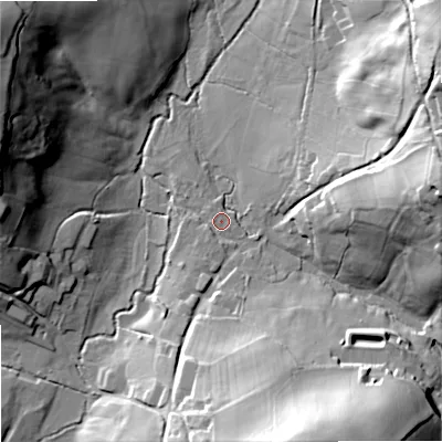 Shaded relief map of the ground around SP79EF, computed from Environment Agency LiDAR. The ground here sits at about 107 m above sea level and falls 43 m across the surrounding 800 m. Surface water reaching this point runs off ground lying to the south-south-east, 40.8 m higher.