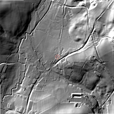 Shaded relief map of the ground around SP79EG, computed from Environment Agency LiDAR. The ground here sits at about 111 m above sea level and falls 56 m across the surrounding 800 m. Surface water reaching this point runs off ground lying to the east, 6.2 m higher.