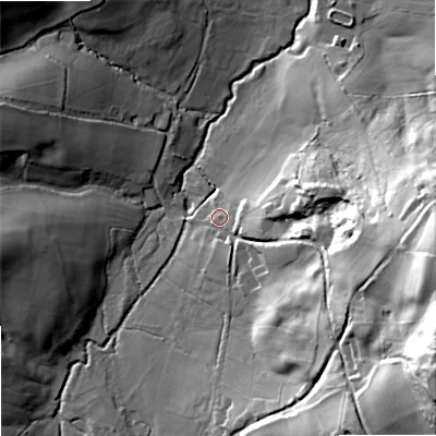Shaded relief map of the ground around SP79EP, computed from Environment Agency LiDAR. The ground here sits at about 107 m above sea level and falls 64 m across the surrounding 800 m. Surface water reaching this point runs off ground lying to the east-south-east, 35.4 m higher.
