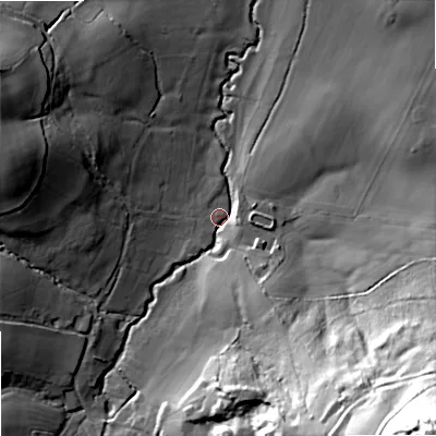 Shaded relief map of the ground around SP79ET, computed from Environment Agency LiDAR. The ground here sits at about 101 m above sea level and falls 85 m across the surrounding 800 m. Surface water reaching this point runs off ground lying to the south-east, 83.3 m higher.