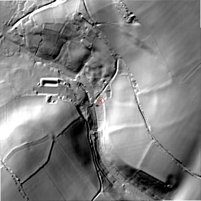 Shaded relief map of the ground around SP79EW, computed from Environment Agency LiDAR. The ground here sits at about 113 m above sea level and falls 70 m across the surrounding 800 m. Surface water reaching this point runs off ground lying to the north-east, 66.0 m higher.