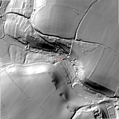 Shaded relief map of the ground around SP79LQ, computed from Environment Agency LiDAR. The ground here sits at about 115 m above sea level and falls 55 m across the surrounding 800 m. Surface water reaching this point runs off ground lying to the east-north-east, 39.5 m higher.