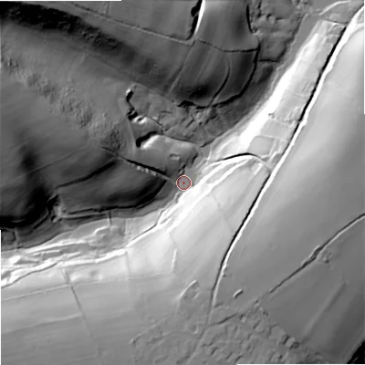 Shaded relief map of the ground around SP79LY, computed from Environment Agency LiDAR. The ground here sits at about 123 m above sea level and falls 55 m across the surrounding 800 m. Surface water reaching this point runs off ground lying to the west-north-west, 47.0 m higher.