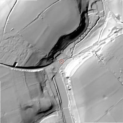 Shaded relief map of the ground around SP79ND, computed from Environment Agency LiDAR. The ground here sits at about 126 m above sea level and falls 41 m across the surrounding 800 m. Surface water reaching this point runs off ground lying to the west-north-west, 35.7 m higher.