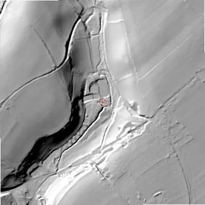 Shaded relief map of the ground around SP79NF, computed from Environment Agency LiDAR. The ground here sits at about 121 m above sea level and falls 44 m across the surrounding 800 m. Surface water reaching this point runs off ground lying to the west, 38.7 m higher.