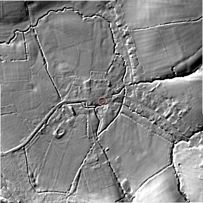 Shaded relief map of the ground around SP79NT, computed from Environment Agency LiDAR. The ground here sits at about 90 m above sea level and falls 22 m across the surrounding 800 m. Surface water reaching this point runs off ground lying to the south, 2.6 m higher.