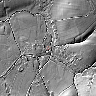 Shaded relief map of the ground around SP79NU, computed from Environment Agency LiDAR. The ground here sits at about 89 m above sea level and falls 23 m across the surrounding 800 m. Surface water reaching this point runs off ground lying to the south-east, 18.5 m higher.