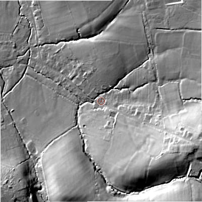 Shaded relief map of the ground around SP79NX, computed from Environment Agency LiDAR. The ground here sits at about 94 m above sea level and falls 33 m across the surrounding 800 m. Surface water reaching this point runs off ground lying to the east-south-east, 26.5 m higher.