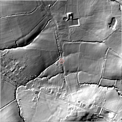 Shaded relief map of the ground around SP79NY, computed from Environment Agency LiDAR. The ground here sits at about 101 m above sea level and falls 44 m across the surrounding 800 m. Surface water reaching this point runs off ground lying to the east, 23.7 m higher.