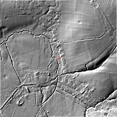 Shaded relief map of the ground around SP79PE, computed from Environment Agency LiDAR. The ground here sits at about 89 m above sea level and falls 20 m across the surrounding 800 m. Surface water reaching this point runs off ground lying to the east-north-east, 15.2 m higher.