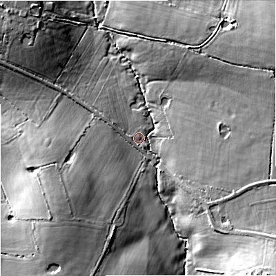 Shaded relief map of the ground around SP79PR, computed from Environment Agency LiDAR. The ground here sits at about 86 m above sea level and falls 22 m across the surrounding 800 m. Surface water reaching this point runs off ground lying to the south-east, 17.6 m higher.