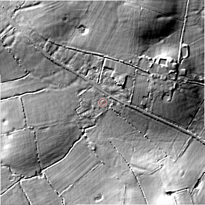 Shaded relief map of the ground around SP79PT, computed from Environment Agency LiDAR. The ground here sits at about 85 m above sea level and falls 16 m across the surrounding 800 m. Surface water reaching this point runs off ground lying to the east, 2.8 m higher.