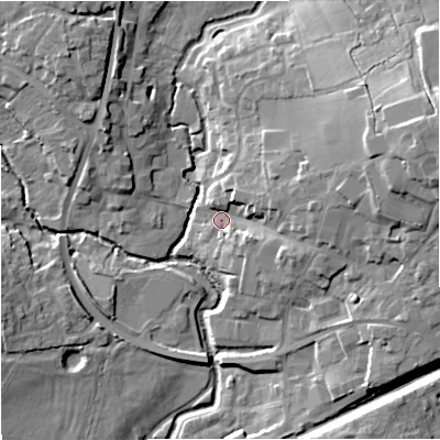 Shaded relief map of the ground around SP84AA, computed from Environment Agency LiDAR. The ground here sits at about 71 m above sea level and falls 19 m across the surrounding 800 m. Surface water reaching this point runs off ground lying to the east-north-east, 16.3 m higher.