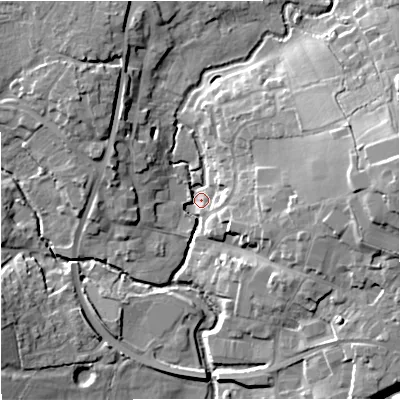 Shaded relief map of the ground around SP84AD, computed from Environment Agency LiDAR. The ground here sits at about 70 m above sea level and falls 19 m across the surrounding 800 m. Surface water reaching this point runs off ground lying to the east, 18.8 m higher.