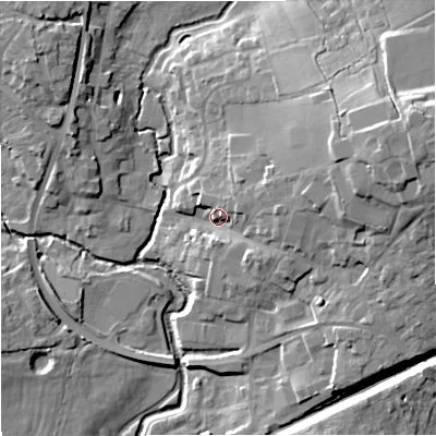 Shaded relief map of the ground around SP84AG, computed from Environment Agency LiDAR. The ground here sits at about 75 m above sea level and falls 19 m across the surrounding 800 m. Surface water reaching this point runs off ground lying to the east-north-east, 15.5 m higher.
