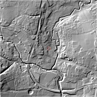 Shaded relief map of the ground around SP84AJ, computed from Environment Agency LiDAR. The ground here sits at about 71 m above sea level and falls 17 m across the surrounding 800 m. Surface water reaching this point runs off ground lying to the west-north-west, 2.1 m higher.